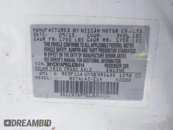 2016 Nissan Versa SV with VIN 3N1CN7AP9GL826414, listed as a IAAI auction lot 41240500 with 94,988 mi miles. Bid and sale history available at carsss.com. Image 9.