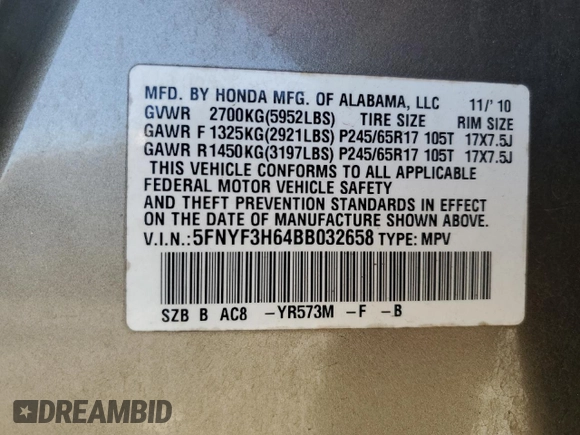 2011 Honda Pilot EX-L with VIN 5FNYF3H64BB032658, listed as a Copart auction lot 88302005 with 243,959 mi miles and Salvage Title. Bid and sale history available at DreamBid. Image 13.