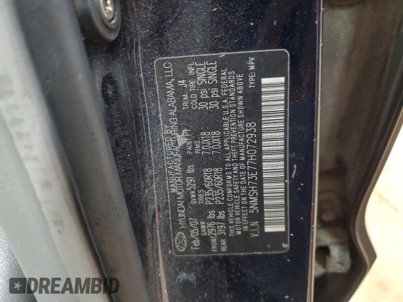2007 Hyundai Santa Fe SE with VIN 5NMSH73E77H072938, listed as a Copart auction lot 59498355 with 150,779 mi miles and Salvage title. Bid and sale history available at DreamBid. Image 13.
