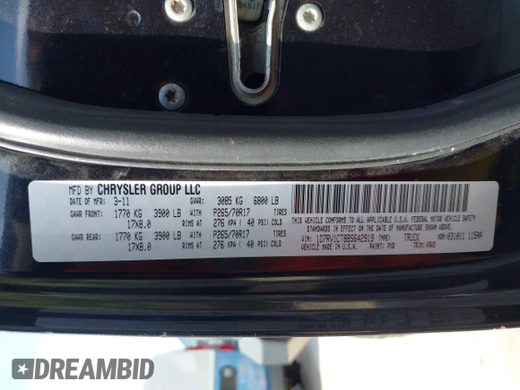 2011 Ram 1500 Big Horn with VIN 1D7RV1CT8BS642919, listed as a IAAI auction lot 42746511 with 87,929 mi miles and . Bid and sale history available at DreamBid. Image 9.