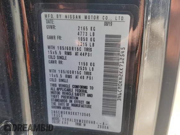 2019 Nissan NV200 S with VIN 3N6CM0KN2KK712545, listed as a Copart auction lot 59191145 with 25,769 mi miles and Salvage title. Bid and sale history available at DreamBid. Image 12.