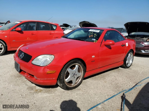 2000 Mercedes-Benz SLK-Class Kompressor with VIN WDBKK47F2YF158853, listed as a Copart auction lot 75102684 with 107,732 mi miles and Salvage Title. Bid and sale history available at carsss.com. Image 1.