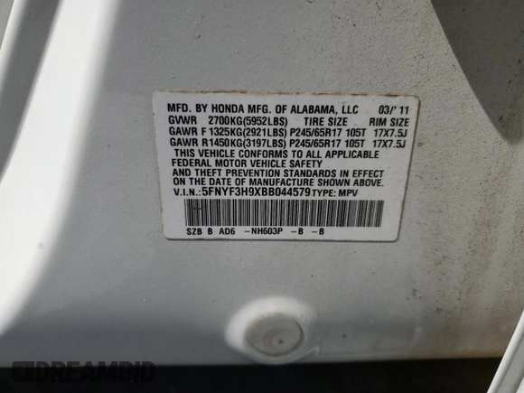 2011 Honda Pilot Touring z VIN 5FNYF3H9XBB044579, wystawiony jako Copart lot #50303125 z przebiegiem 227 482 mil mil oraz Szkoda całkowita • Salvage title. Historia ofert i sprzedaży dostępna na DreamBid. Obrazek 15.