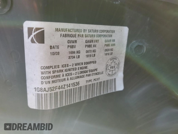 2004 Saturn ION with VIN 1G8AJ52F44Z141536, listed as a Copart auction lot 88760295 with Not Provided miles and Salvage Title. Bid and sale history available at carsss.com. Image 13.