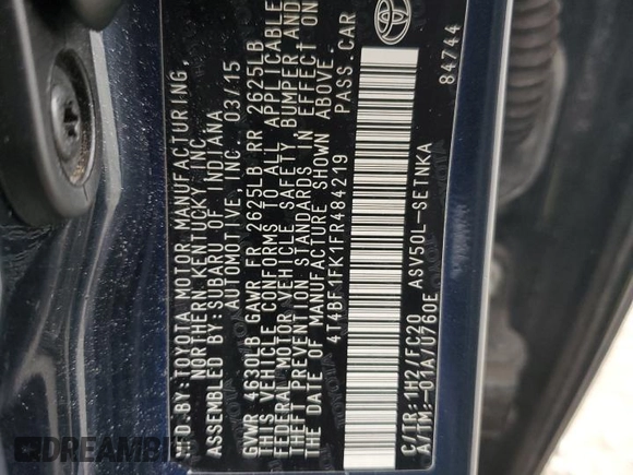 2015 Toyota Camry XLE with VIN 4T4BF1FK1FR484219, listed as a Copart auction lot 44541335 with 106,759 mi miles and Salvage Title. Bid and sale history available at carsss.com. Image 13.