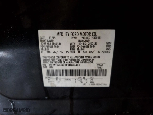 2015 Ford Edge SE with VIN 2FMTK3G92FBC30462, listed as a Copart auction lot 45472315 with 0 mi miles and Non Repairable. Bid and sale history available at carsss.com. Image 12.