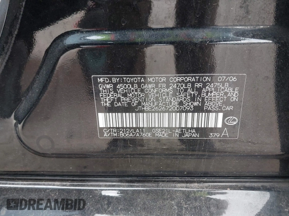 2007 Lexus IS 350 with VIN JTHBE262672007093, listed as a IAAI auction lot 41683132 with 171,613 mi miles and . Bid and sale history available at DreamBid. Image 9.