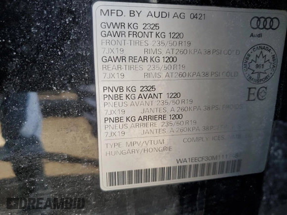 2021 Audi Q3 S line Premium Plus with VIN WA1EECF30M1117484, listed as a Copart auction lot 48607305 with 51,762 mi miles and Salvage Title. Bid and sale history available at DreamBid. Image 13.