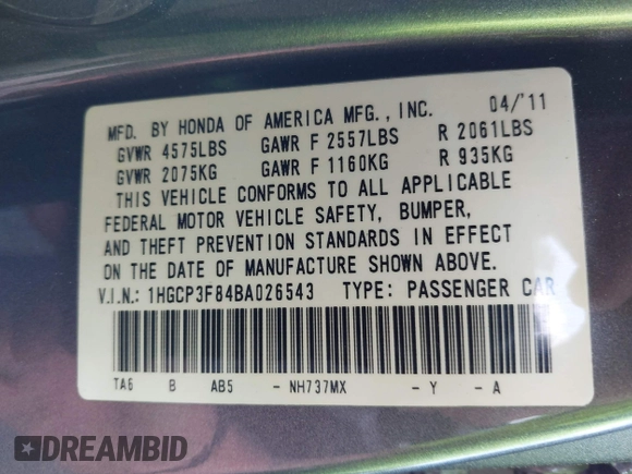 2011 Honda Accord EX-L with VIN 1HGCP3F84BA026543, listed as a IAAI auction lot 41932346 with 310,874 mi miles and . Bid and sale history available at DreamBid. Image 9.