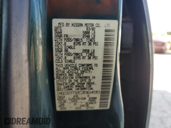 2002 Nissan Frontier SE with VIN 1N6ED27T52C356495, listed as a Copart auction lot 63846985 with 225,108 mi miles and Clean title. Bid and sale history available at DreamBid. Image 12.
