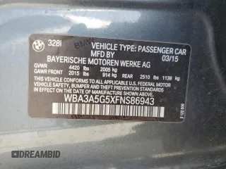 2015 BMW 3 Series 328i with VIN WBA3A5G5XFNS86943, listed as a Copart auction lot 57620325 with 154,165 mi miles and Salvage title. Bid and sale history available at DreamBid. Image 12.