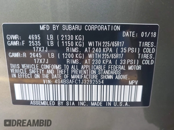 2018 Subaru Outback Premium z VIN 4S4BSAFC1J3292554, wystawiony jako IAAI lot #42414049 z przebiegiem 115 211 mil mil oraz . Historia ofert i sprzedaży dostępna na DreamBid. Obrazek 9.