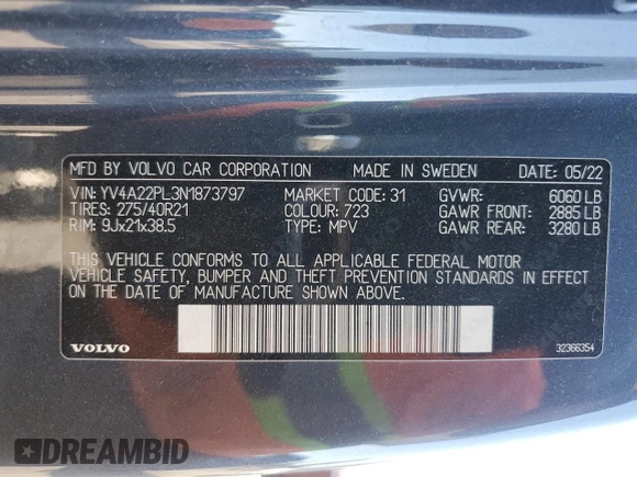 2022 Volvo XC90 Inscription with VIN YV4A22PL3N1873797, listed as a Copart auction lot 43023395 with Not provided miles and Clean title. Bid and sale history available at DreamBid. Image 13.