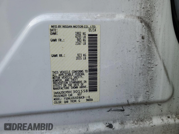 2015 Nissan LEAF SV with VIN 1N4AZ0CP9FC301558, listed as a Copart auction lot 45380735 with 67,474 mi miles and Salvage title. Bid and sale history available at DreamBid. Image 12.