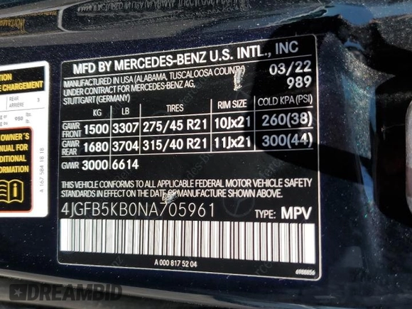 2022 Mercedes-Benz GLE 450 с VIN 4JGFB5KB0NA705961, выставлен на аукционе Copart как лот 65258345 с пробегом 40 449 миль миль и Списание • Salvage title. История ставок и продаж доступна на DreamBid. Изображение 13.