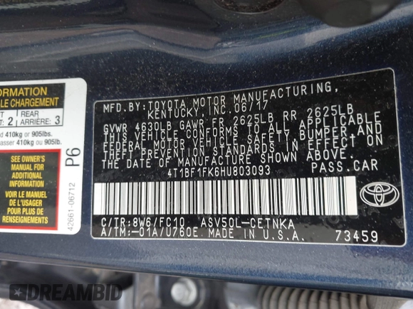 2017 Toyota Camry XLE with VIN 4T1BF1FK6HU803093, listed as a IAAI auction lot 42030986 with 134,883 mi miles. Bid and sale history available at carsss.com. Image 9.