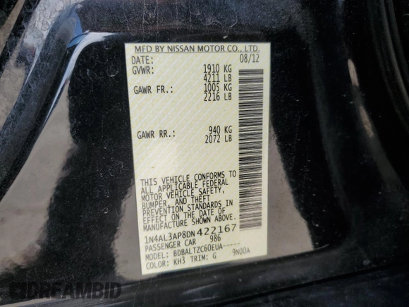 2013 Nissan Altima S with VIN 1N4AL3AP8DN422167, listed as a Copart auction lot 54362665 with 115,551 mi miles and Salvage Title. Bid and sale history available at DreamBid. Image 12.