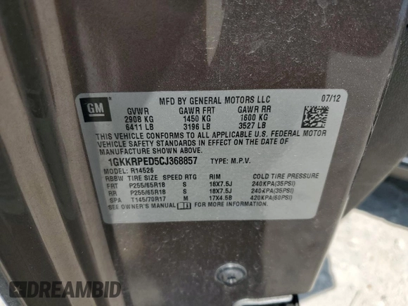2012 GMC Acadia SLE z VIN 1GKKRPED5CJ368857, wystawiony jako Copart lot #53406345 z przebiegiem 121 092 mil mil oraz Szkoda całkowita • Salvage title. Historia ofert i sprzedaży dostępna na DreamBid. Obrazek 15.