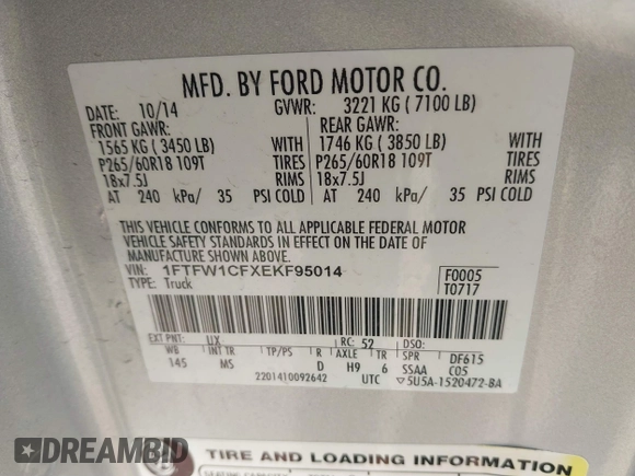2014 Ford F-150 XL with VIN 1FTFW1CFXEKF95014, listed as a IAAI auction lot 41325134 with 278,444 mi miles. Bid and sale history available at carsss.com. Image 9.