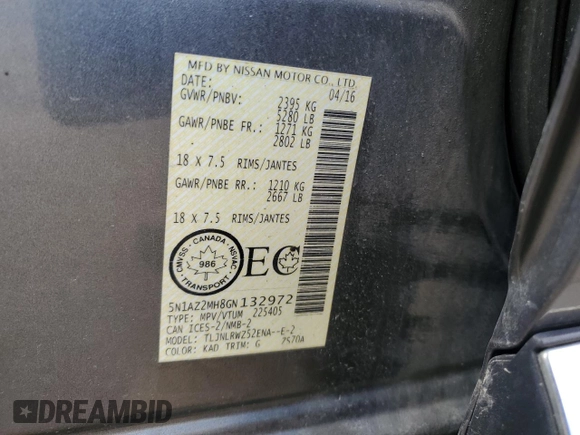 2016 Nissan Murano SL z VIN 5N1AZ2MH8GN132972, wystawiony jako Copart lot #56764385 z przebiegiem 157 518 mil mil oraz Szkoda całkowita • Salvage title. Historia ofert i sprzedaży dostępna na DreamBid. Obrazek 13.