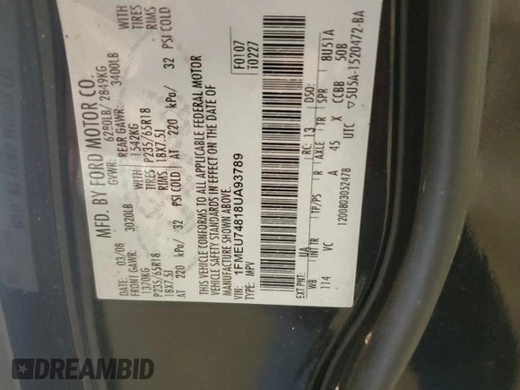 2008 Ford Explorer Eddie Bauer with VIN 1FMEU74818UA93789, listed as a Copart auction lot 58397955 with 130,981 mi miles and Salvage title. Bid and sale history available at DreamBid. Image 13.