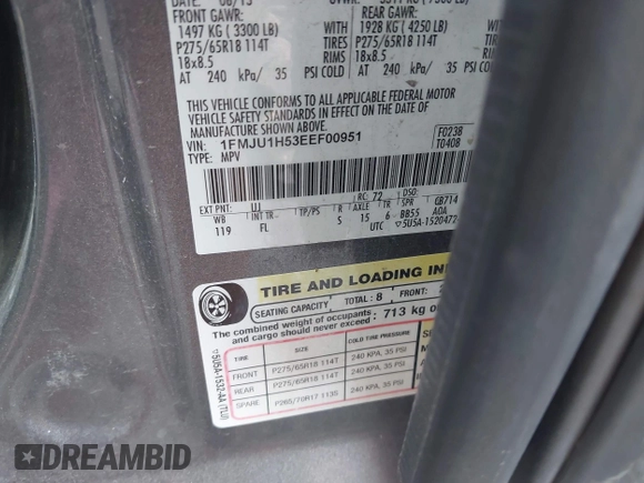 2014 Ford Expedition XLT with VIN 1FMJU1H53EEF00951, listed as a IAAI auction lot 42559040 with 225,162 mi miles and . Bid and sale history available at DreamBid. Image 9.