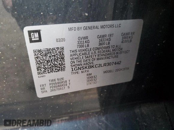2020 Chevrolet Tahoe LT z VIN 1GNSKBKC2LR307442, wystawiony jako Copart lot #82393864 z przebiegiem Nie podano mil oraz Nie do naprawy • Non repairable. Historia ofert i sprzedaży dostępna na DreamBid. Obrazek 14.