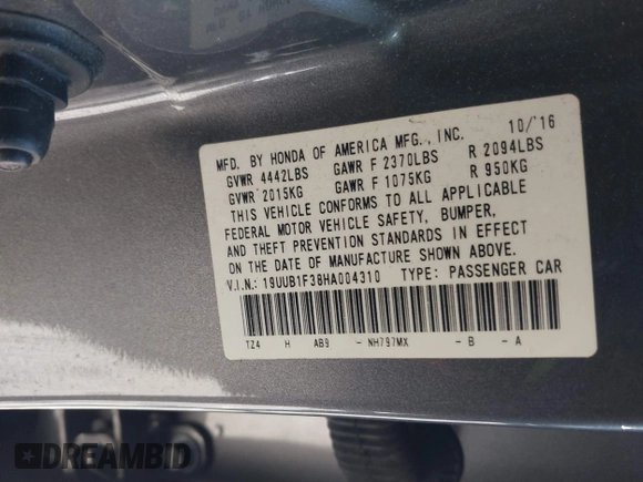 2017 Acura TLX with VIN 19UUB1F38HA004310, listed as a IAAI auction lot 41908712 with Not provided miles and . Bid and sale history available at DreamBid. Image 9.