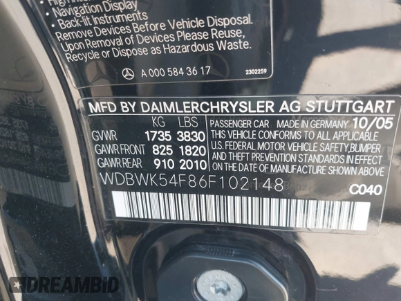 2006 Mercedes-Benz SLK 280 with VIN WDBWK54F86F102148, listed as a IAAI auction lot 42860504 with 128,388 mi miles and . Bid and sale history available at DreamBid. Image 9.