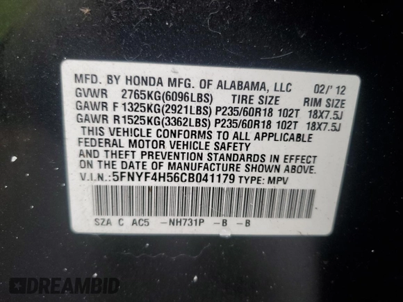 2012 Honda Pilot EX-L with VIN 5FNYF4H56CB041179, listed as a Copart auction lot 45135595 with 162,220 mi miles and Salvage Title. Bid and sale history available at DreamBid. Image 13.