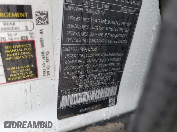2019 Land Rover Range Rover Sport SVR with VIN SALWZ2SE7KA837743, listed as a Copart auction lot 71021264 with Not Provided miles and Salvage Title. Bid and sale history available at DreamBid. Image 14.