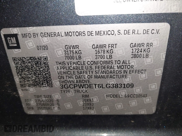 2020 Chevrolet Silverado 1500 RST with VIN 3GCPWDET6LG383109, listed as a IAAI auction lot 41370983 with 55,226 mi miles and . Bid and sale history available at DreamBid. Image 9.