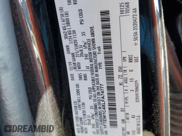 2020 Ford F-150 XL with VIN 1FTEW1C4XLFA74777, listed as a Copart auction lot 63915484 with 0 mi miles and Salvage Title. Bid and sale history available at carsss.com. Image 12.