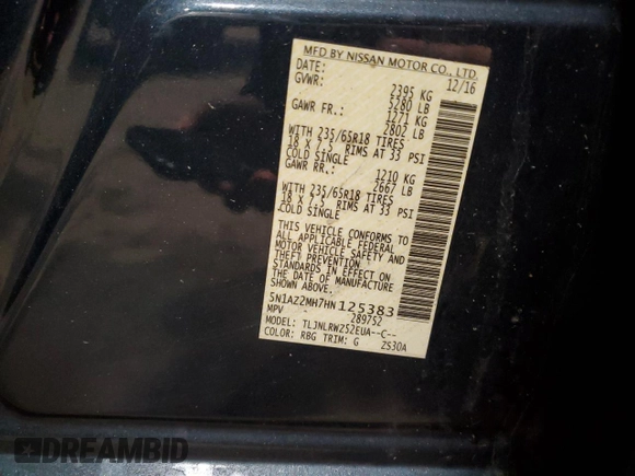 2017 Nissan Murano SL with VIN 5N1AZ2MH7HN125383, listed as a Copart auction lot 49616795 with 99,018 mi miles and Salvage Title. Bid and sale history available at carsss.com. Image 12.