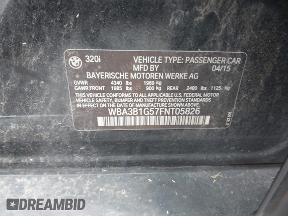 2015 BMW 3 Series 320i with VIN WBA3B1G57FNT05826, listed as a IAAI auction lot 42103193 with 128,800 mi miles. Bid and sale history available at carsss.com. Image 9.