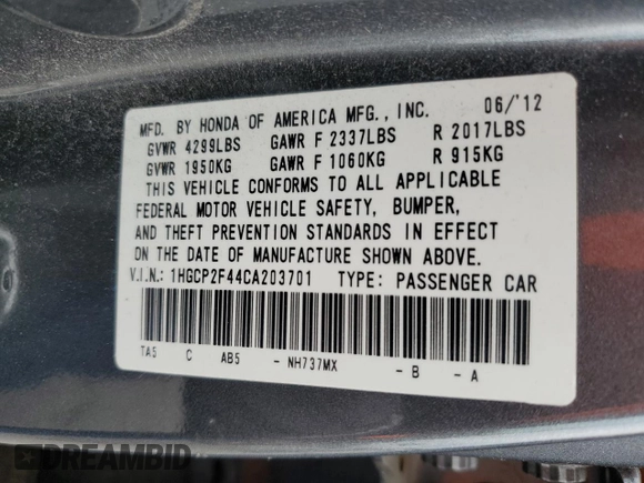 2012 Honda Accord LX Premium z VIN 1HGCP2F44CA203701, wystawiony jako Copart lot #57159355 z przebiegiem 103 681 mil mil oraz Szkoda całkowita • Salvage title. Historia ofert i sprzedaży dostępna na DreamBid. Obrazek 13.