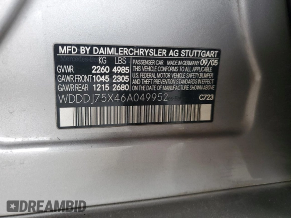 2006 Mercedes-Benz CLS-Class with VIN WDDDJ75X46A049952, listed as a Copart auction lot 69833244 with 217,882 mi miles and Salvage Title. Bid and sale history available at carsss.com. Image 12.