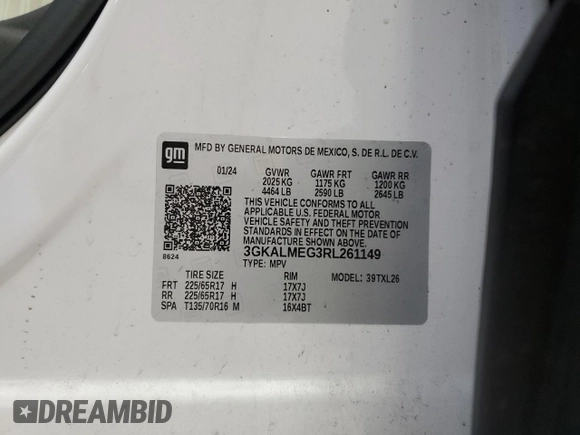 2024 GMC Terrain SLE with VIN 3GKALMEG3RL261149, listed as a Copart auction lot 62679305 with 54,408 mi miles and Salvage title. Bid and sale history available at DreamBid. Image 14.