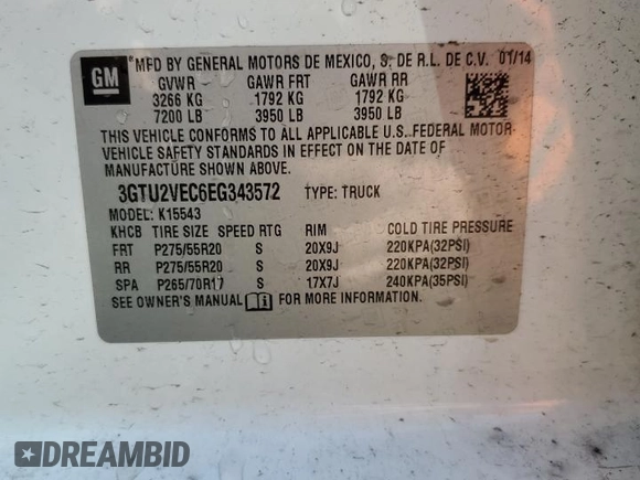 2014 GMC Sierra 1500 SLT with VIN 3GTU2VEC6EG343572, listed as a Copart auction lot 48763855 with 122,559 mi miles and Salvage Title. Bid and sale history available at DreamBid. Image 12.