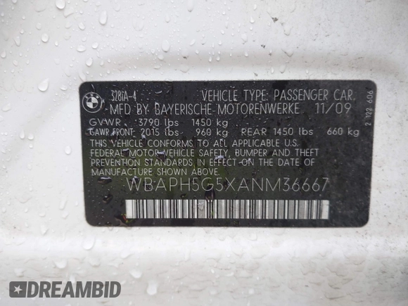 2010 BMW 3 Series 328i with VIN WBAPH5G5XANM36667, listed as a IAAI auction lot 41855724 with 90,565 mi miles and . Bid and sale history available at DreamBid. Image 9.