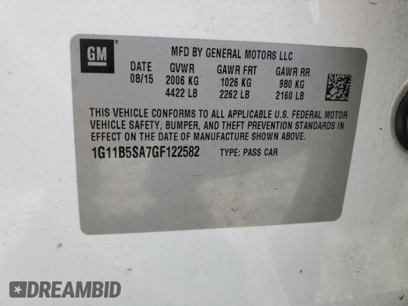 2016 Chevrolet Malibu LS with VIN 1G11B5SA7GF122582, listed as a Copart auction lot 50548685 with 221,472 mi miles and Salvage Title. Bid and sale history available at DreamBid. Image 12.