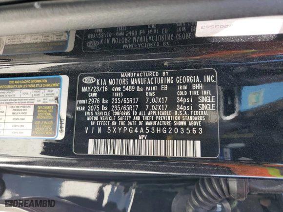 2017 Kia Sorento LX V6 with VIN 5XYPG4A53HG203563, listed as a Copart auction lot 50614385 with 125,307 mi miles and Salvage Title. Bid and sale history available at carsss.com. Image 16.