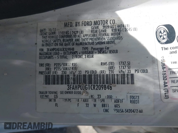 2012 Ford Fusion SEL с VIN 3FAHP0JG1CR209848, выставлен на аукционе IAAI как лот 42832070 с пробегом 165 217 миль миль и . История ставок и продаж доступна на DreamBid. Изображение 9.