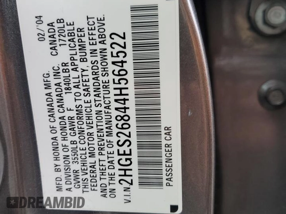 2004 Honda Civic EX with VIN 2HGES26844H564522, listed as a Copart auction lot 48736005 with 179,705 mi miles and Salvage title. Bid and sale history available at DreamBid. Image 13.
