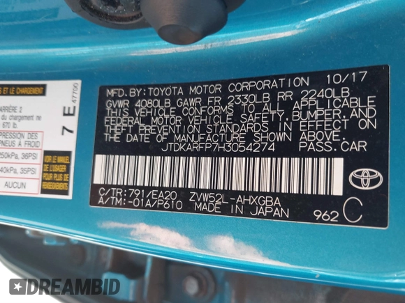 2017 Toyota Prius Plus z VIN JTDKARFP7H3054274, wystawiony jako IAAI lot #41895306 z przebiegiem 137 414 mil mil oraz . Historia ofert i sprzedaży dostępna na DreamBid. Obrazek 9.