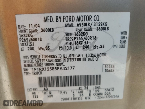 2005 Ford F-150 XLT with VIN 1FTRX12585FA42177, listed as a Copart auction lot 64841645 with 153,779 mi miles and Salvage title. Bid and sale history available at DreamBid. Image 12.