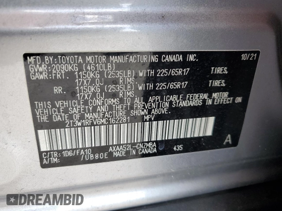 2021 Toyota RAV4 XLE with VIN 2T3W1RFV6MC162281, listed as a Copart auction lot 50982205 with 29,596 mi miles and Salvage Title. Bid and sale history available at carsss.com. Image 14.