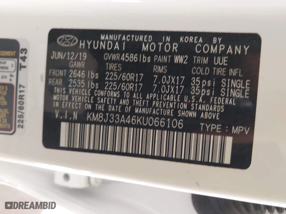 2019 Hyundai Tucson Value with VIN KM8J33A46KU066106, listed as a IAAI auction lot 41397738 with 41,717 mi miles. Bid and sale history available at carsss.com. Image 9.