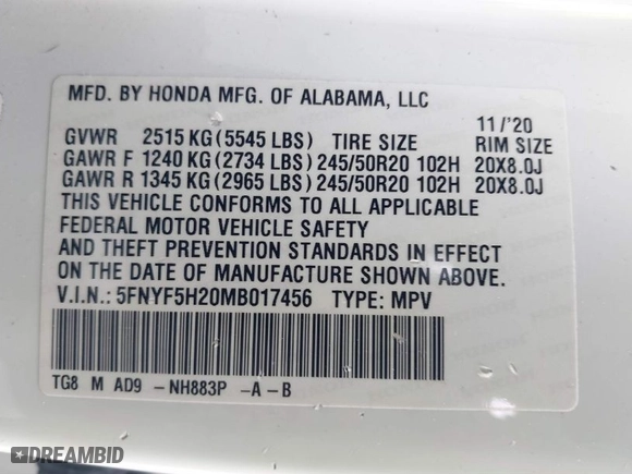 2021 Honda Pilot Special Edition with VIN 5FNYF5H20MB017456, listed as a IAAI auction lot 41418341 with 1 mi miles. Bid and sale history available at carsss.com. Image 9.
