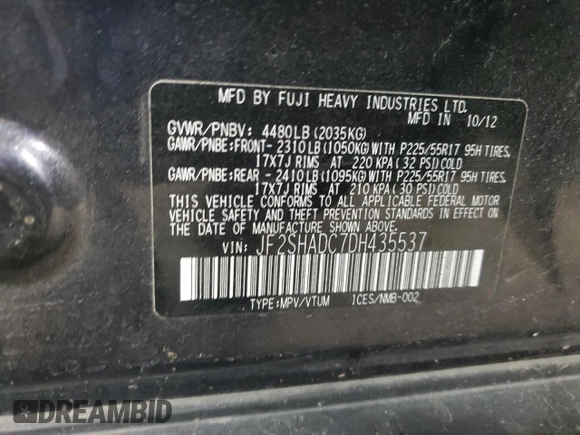 2013 Subaru Forester X Premium with VIN JF2SHADC7DH435537, listed as a Copart auction lot 72813634 with 130,685 mi miles and Salvage title. Bid and sale history available at DreamBid. Image 14.
